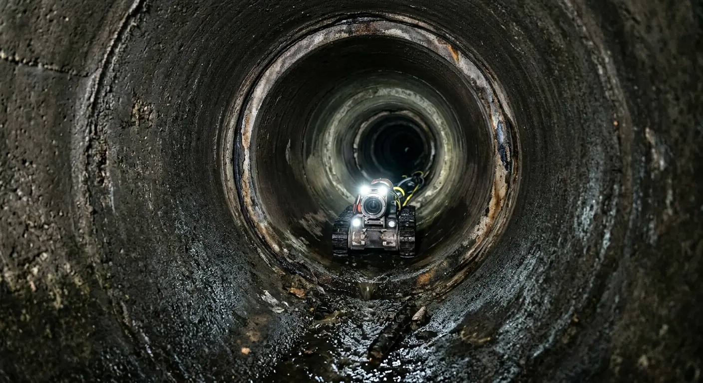 Robotic sewer camera inspecting pipe interior for Sewer Line Cleaning in Herculaneum