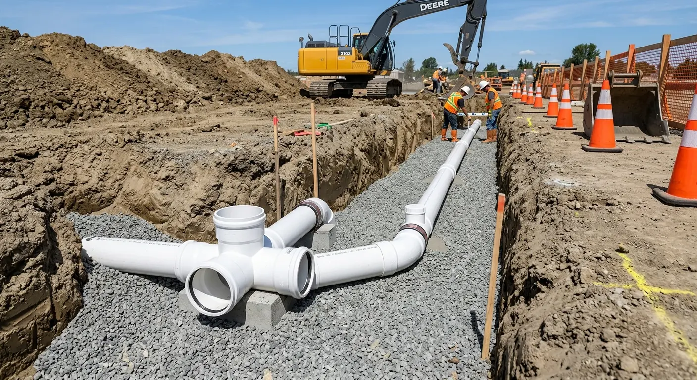 New PVC sewer pipe installation in open trench for Sewer Backup in Herculaneum