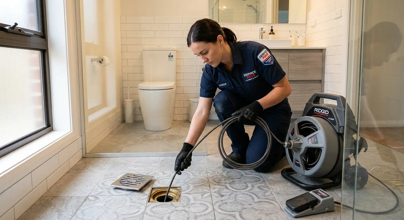 Technician clearing a bathroom floor drain for Clogged Drain Repair in Herculaneum